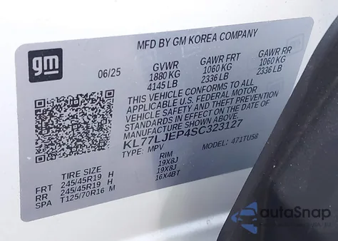 2025 Chevrolet Trax Fwd 2Rs из США, поврежденный, VIN KL77LJEP4SC323127